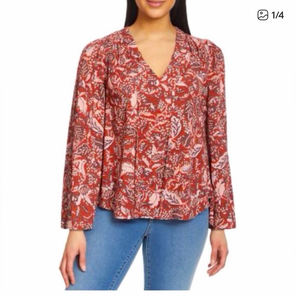 NWT Women’s Red Floral Long Sleeve Blouse very nice for a hot weather summery